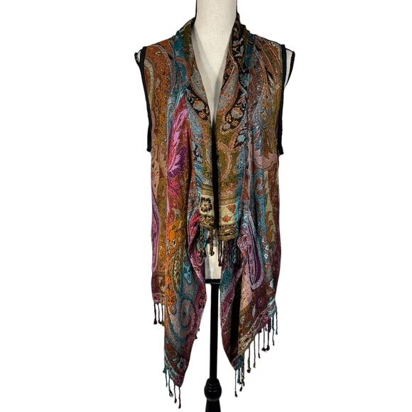 ANU Medium Artsy Vest Jacket Floral Reversible Draped Fringe Open Front Boho New - Picture 1 of 10